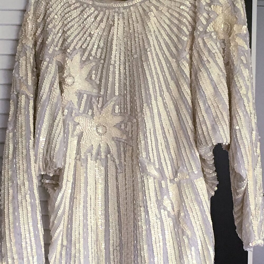 1980s Vintage Cream Sequin Chinese Silk Long Sleeve Blouse. - Picture 13 of 16